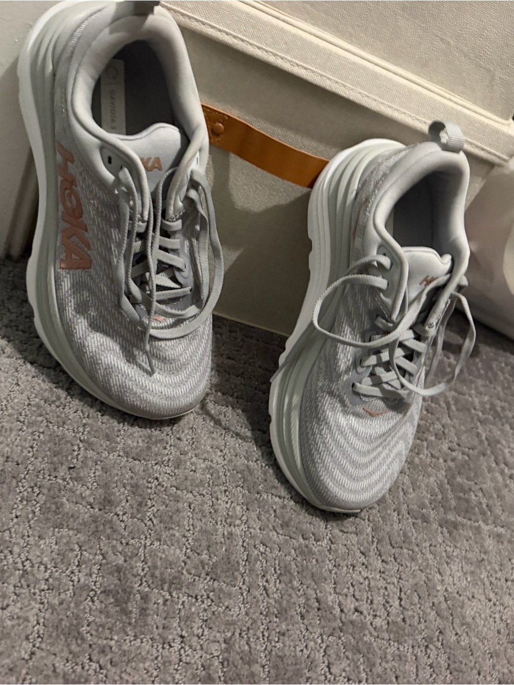 Hoka Women's Light Gray Athletic Sneakers with Rose Gold Logo - Picture 2 of 4